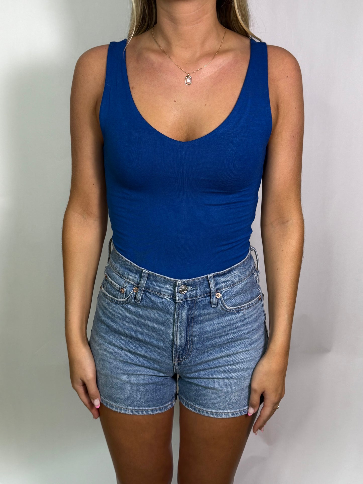 Blue Double Lined V Neck Tank