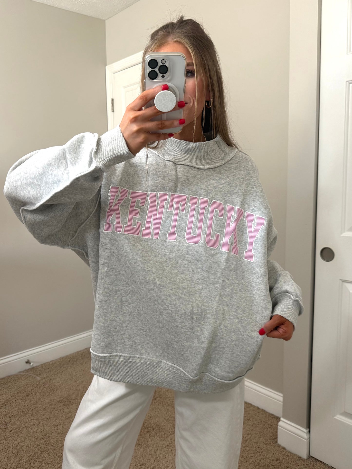 Embroidered Kentucky Mockneck | Ash/Pink Striped