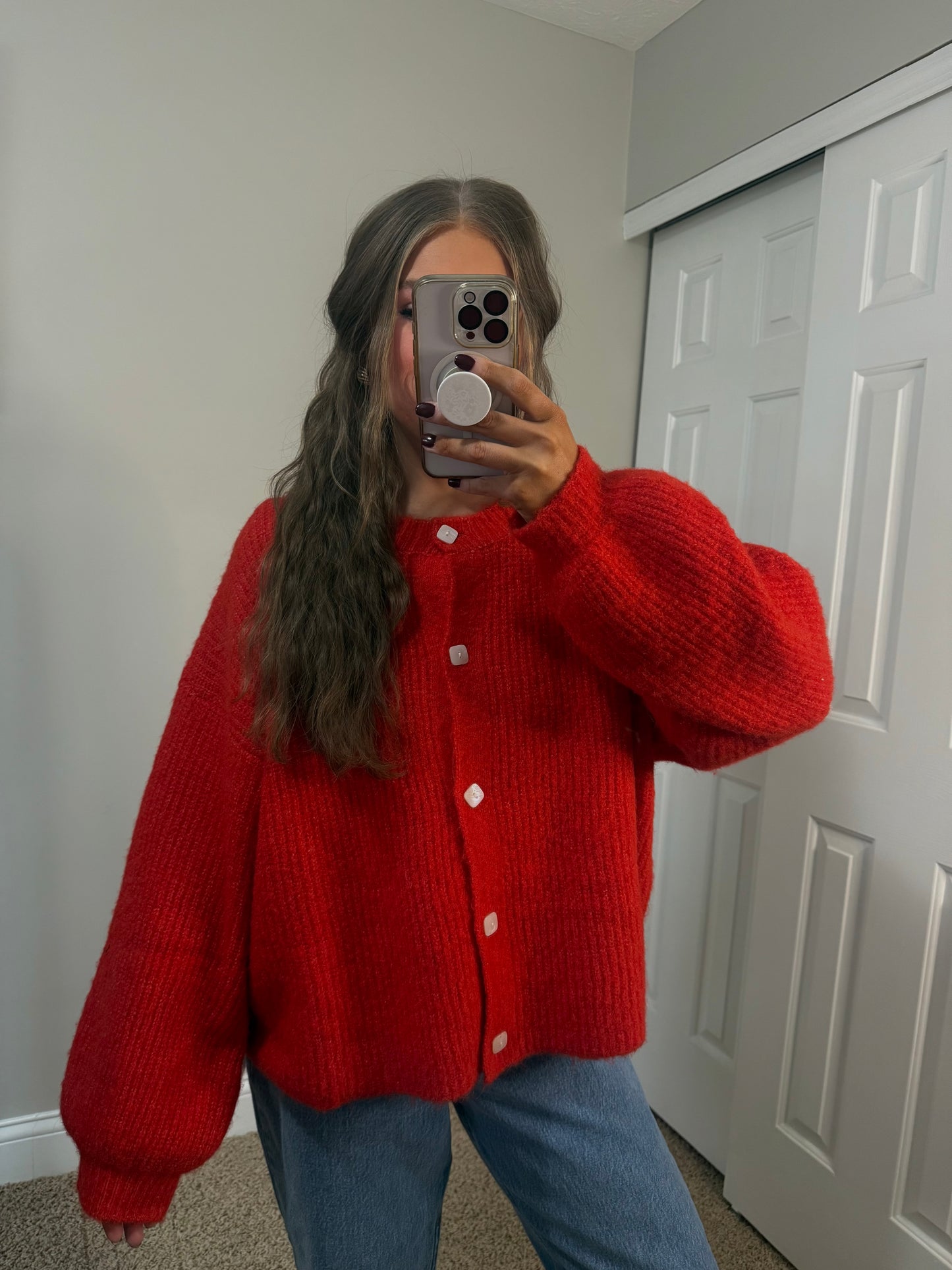 Good Vibes Balloon Sleeve Cardigan | Red