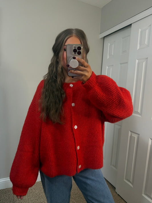 Good Vibes Balloon Sleeve Cardigan | Red