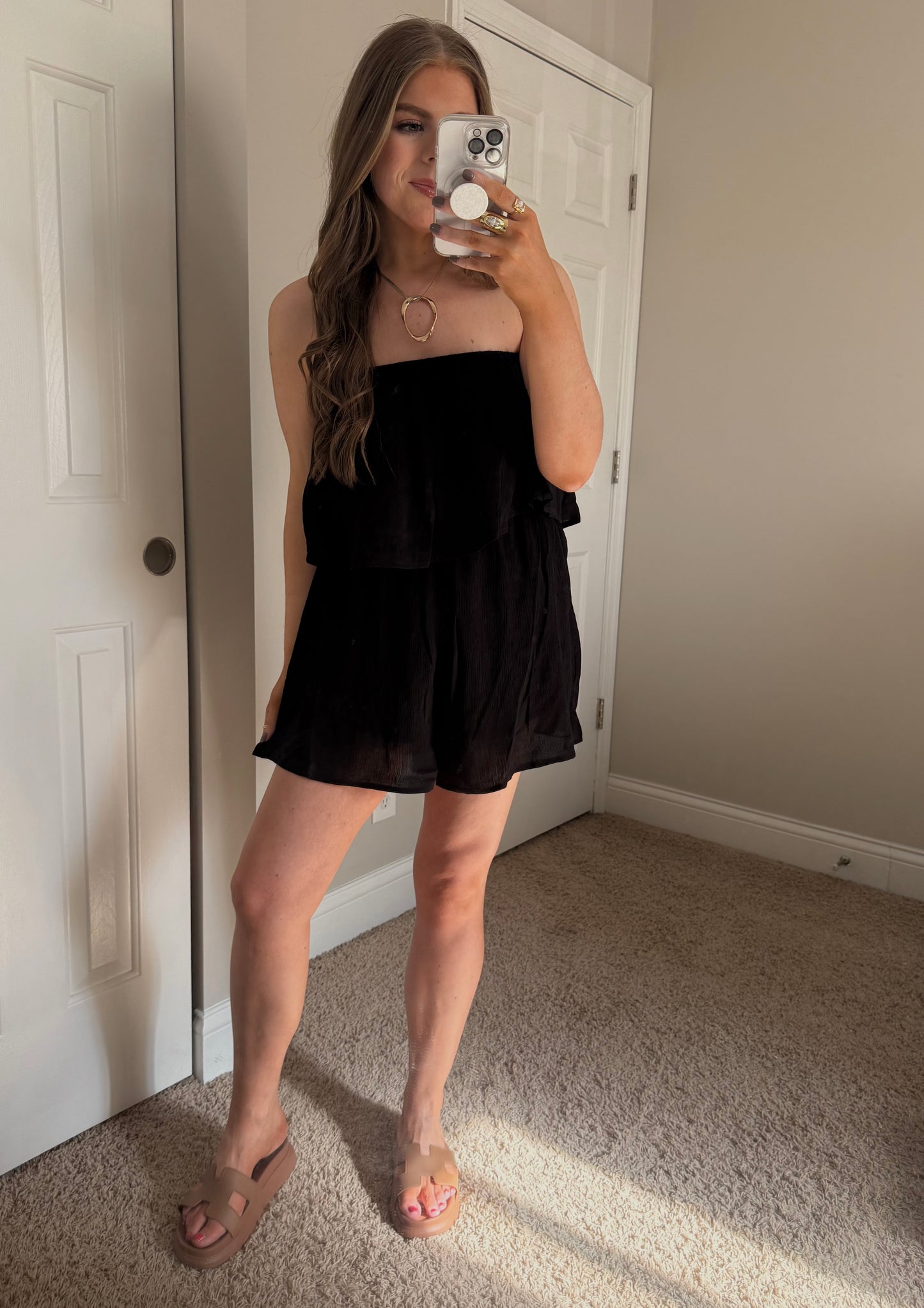 Riley Ruffled Strapless Romper | Black