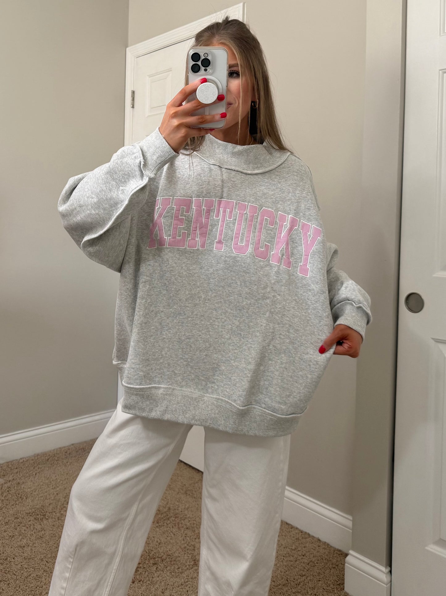 Embroidered Kentucky Mockneck | Ash/Pink Striped