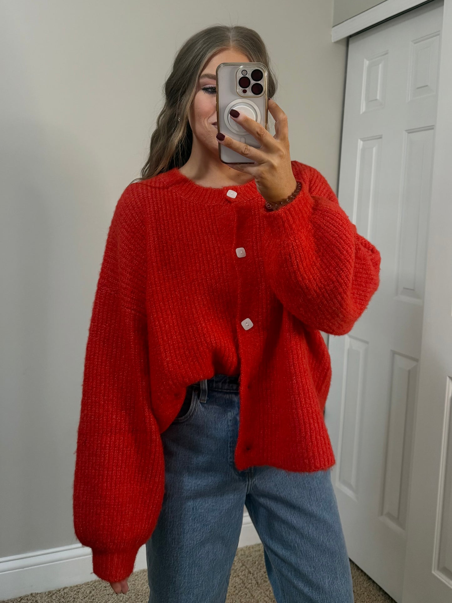 Good Vibes Balloon Sleeve Cardigan | Red