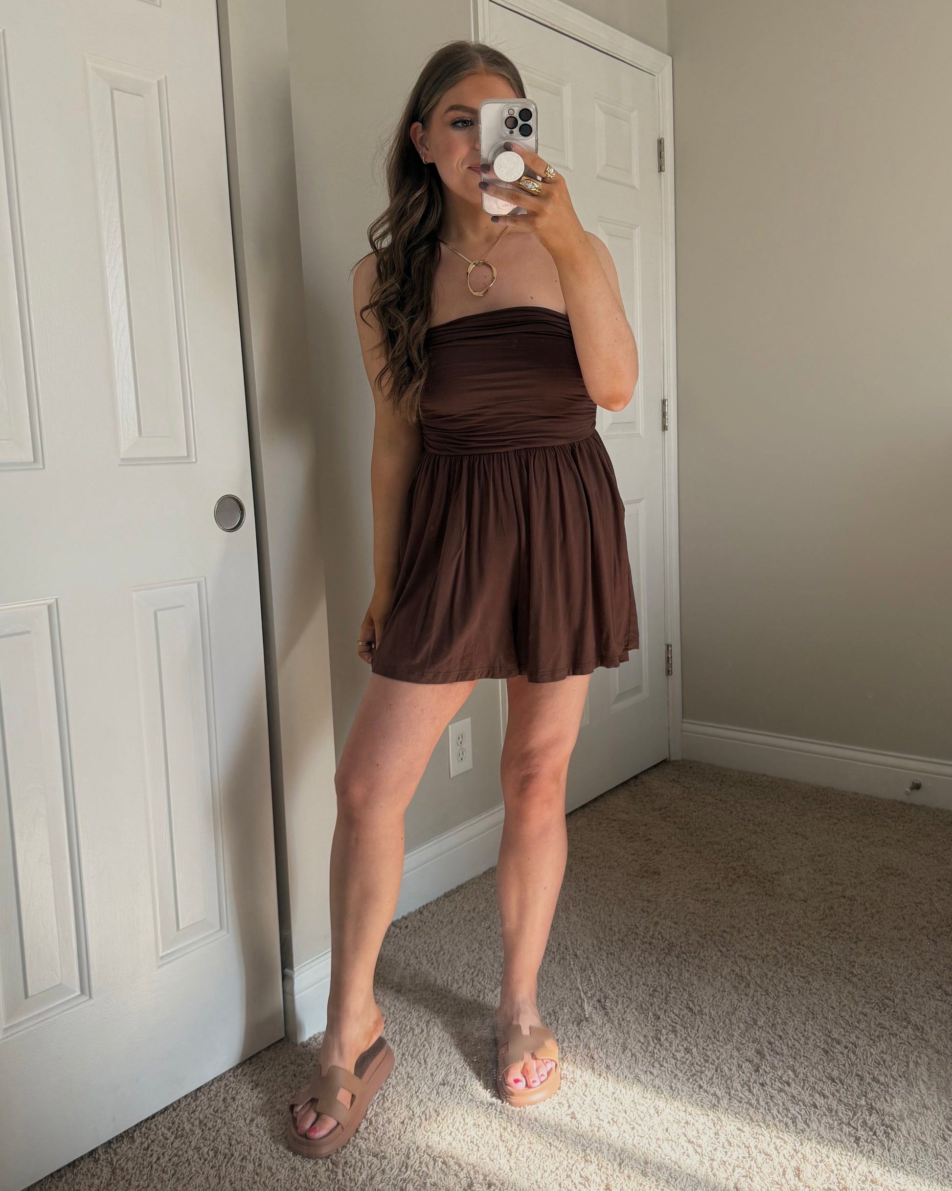 Meg Strapless Romper | Brown Shop TwentyNine Boutique Meg Strapless Romper | Brown Shop TwentyNine Boutique