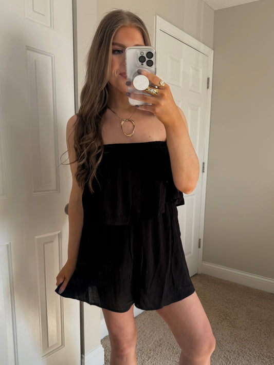 Riley Ruffled Strapless Romper | Black