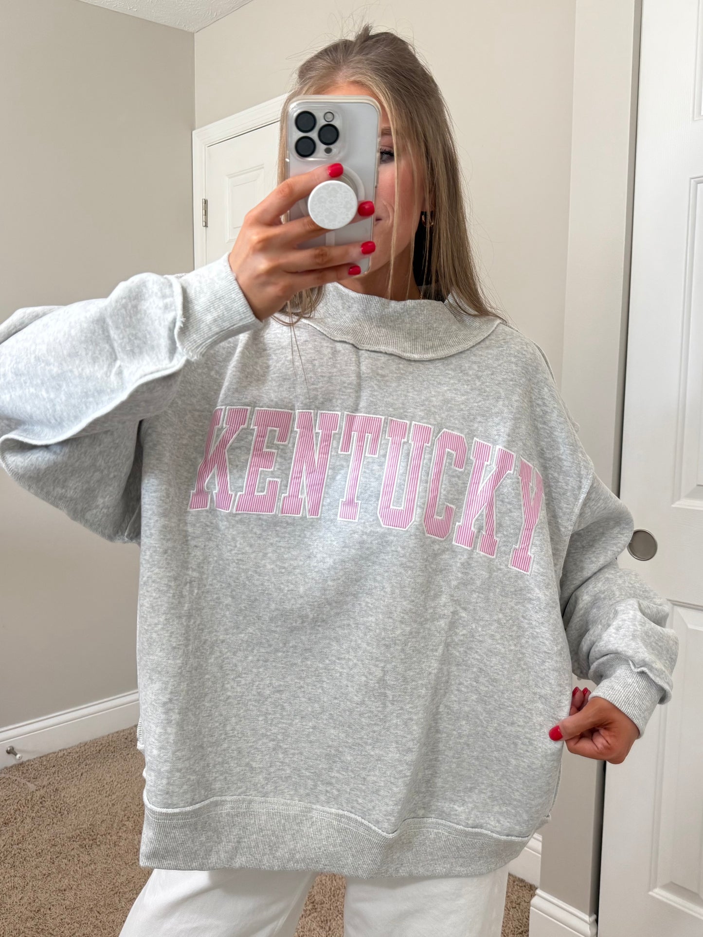 Embroidered Kentucky Mockneck | Ash/Pink Striped