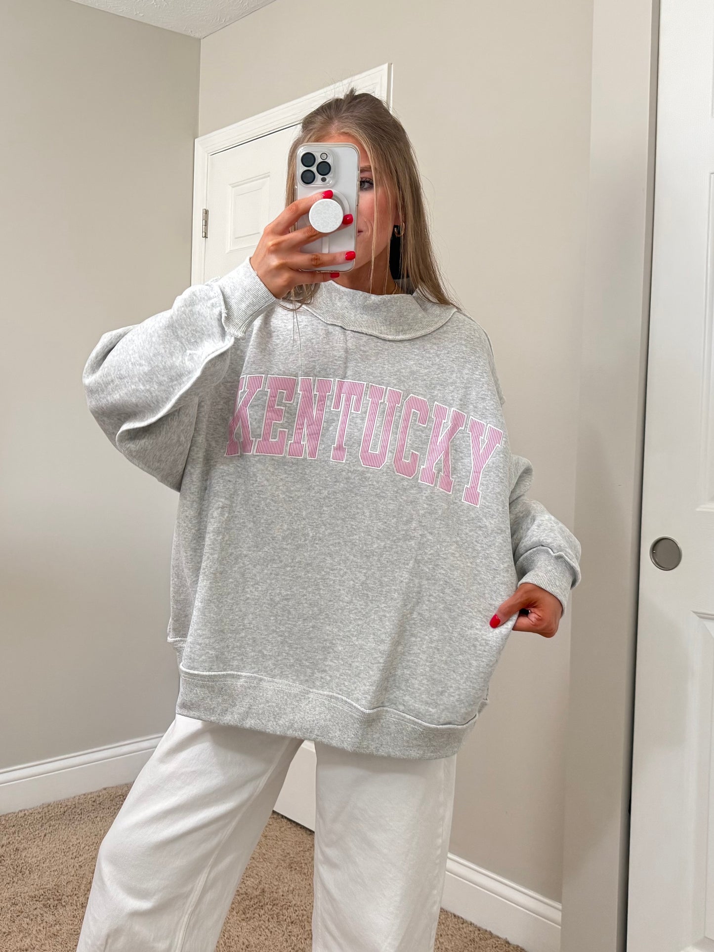 Embroidered Kentucky Mockneck | Ash/Pink Striped