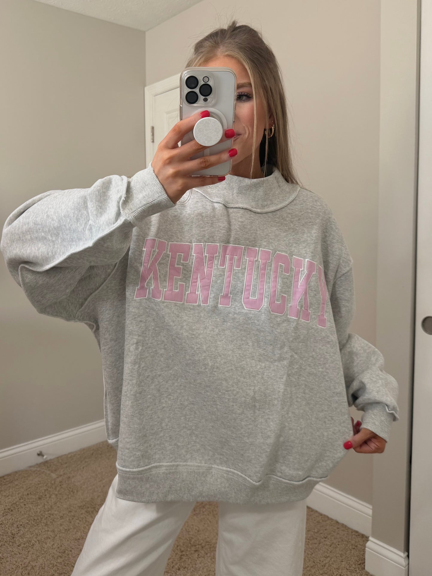 Embroidered Kentucky Mockneck | Ash/Pink Striped