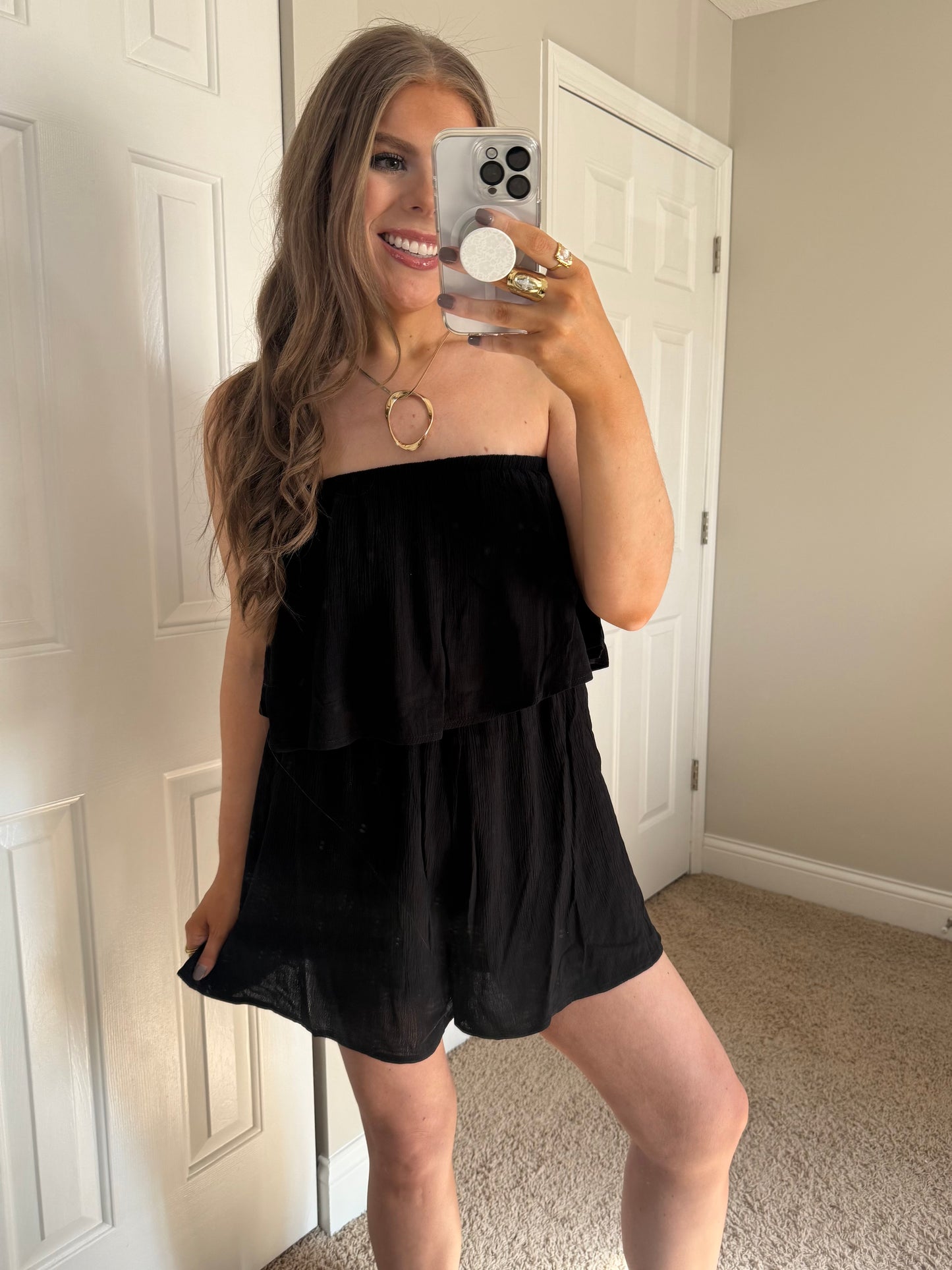 Riley Ruffled Strapless Romper | Black