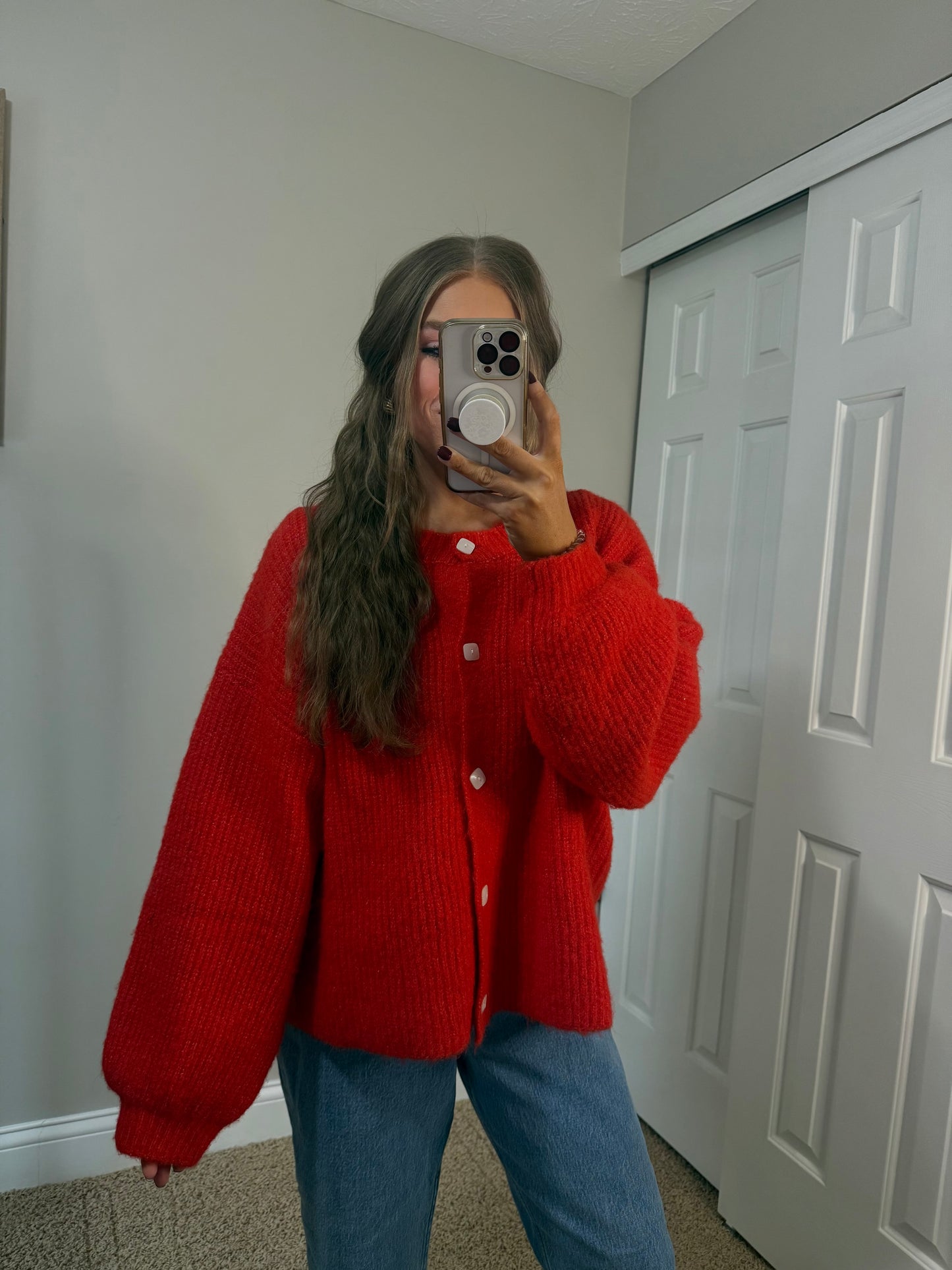 Good Vibes Balloon Sleeve Cardigan | Red
